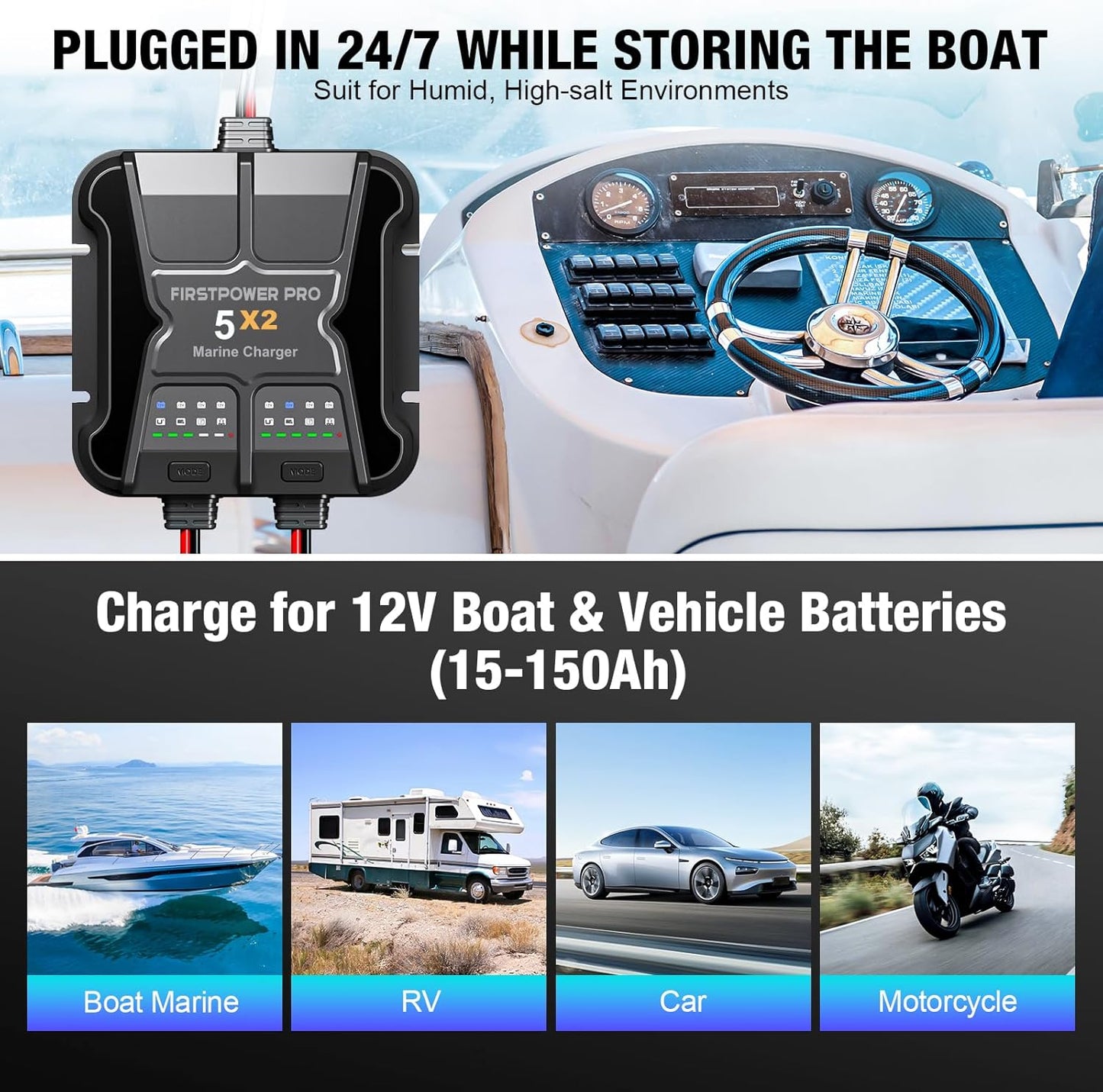 2 Bank Marine Battery Charger - 10A Waterproof Onboard Maintainer for SLA/AGM & Lithium Batteries