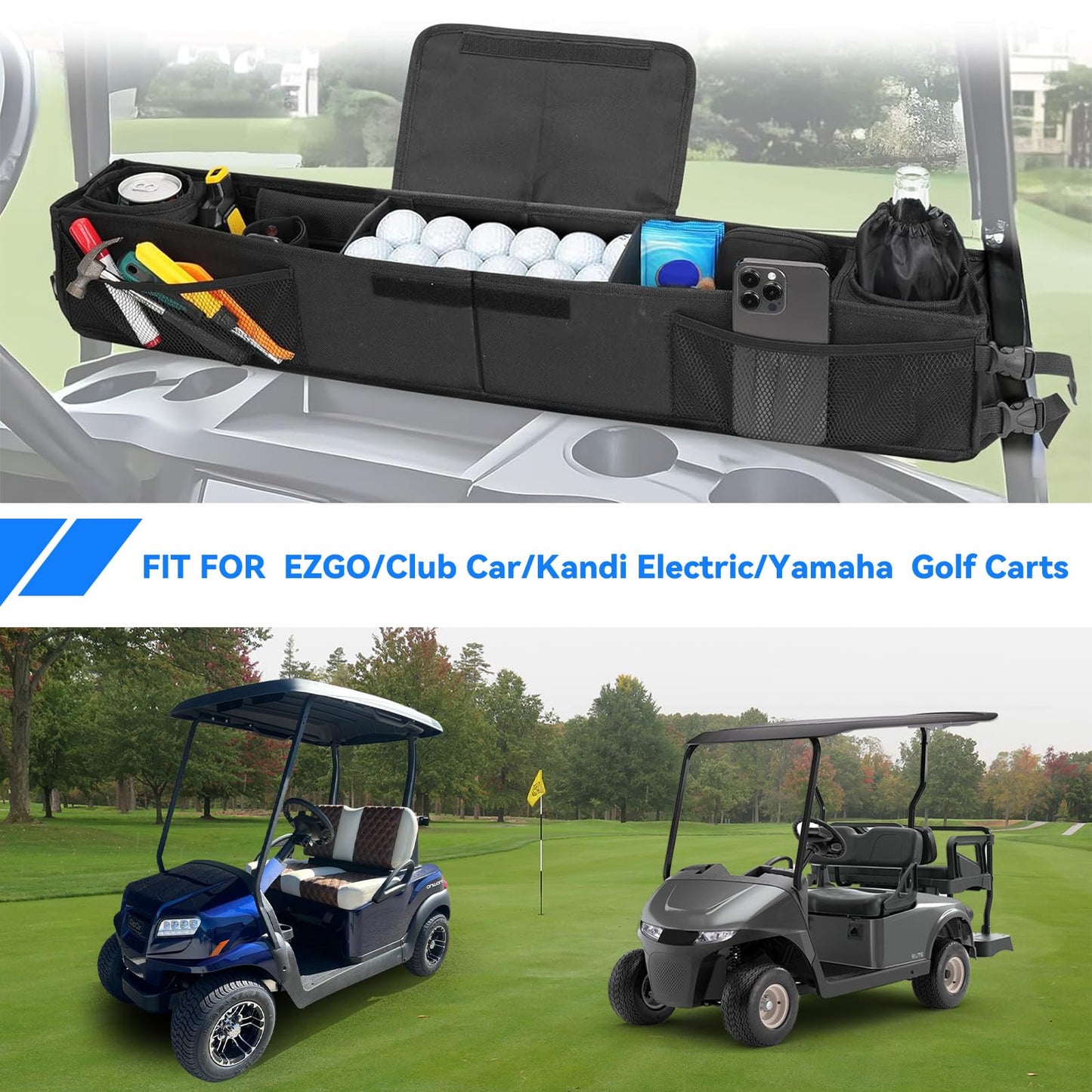 Daspom Golf Cart Storage Basket Inner Front, No-Drilling Golf Cart Organizer Bag with Insulated Cup Holders Compatible with EZGO, Club Car, Kandi Yamaha ICON