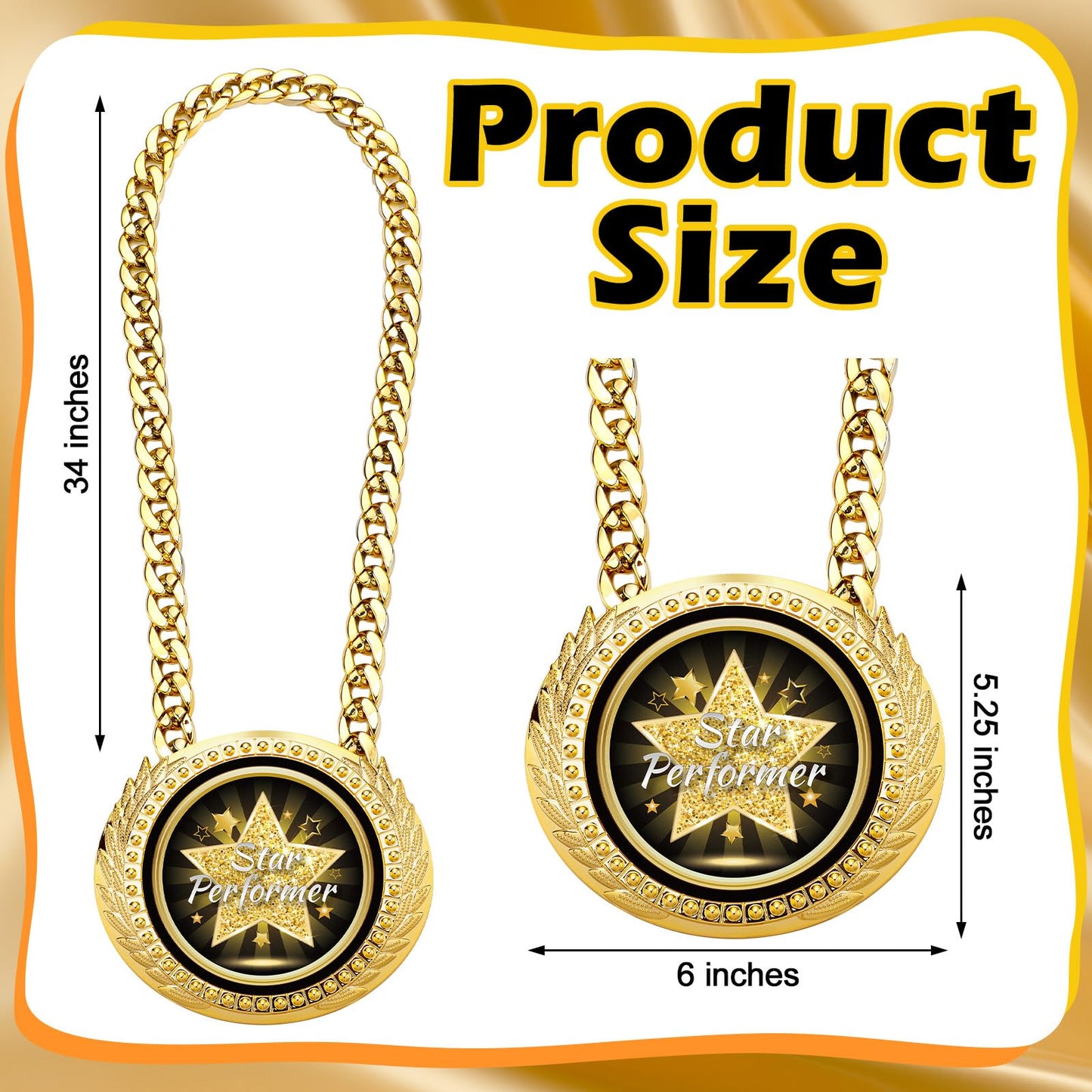 Tondiamo 6" Star Performer Gold Winner Award Medals Big Turnover Chain Medal Trophy Necklace for College Student High School Graduation Participation Competition(1 Pcs)
