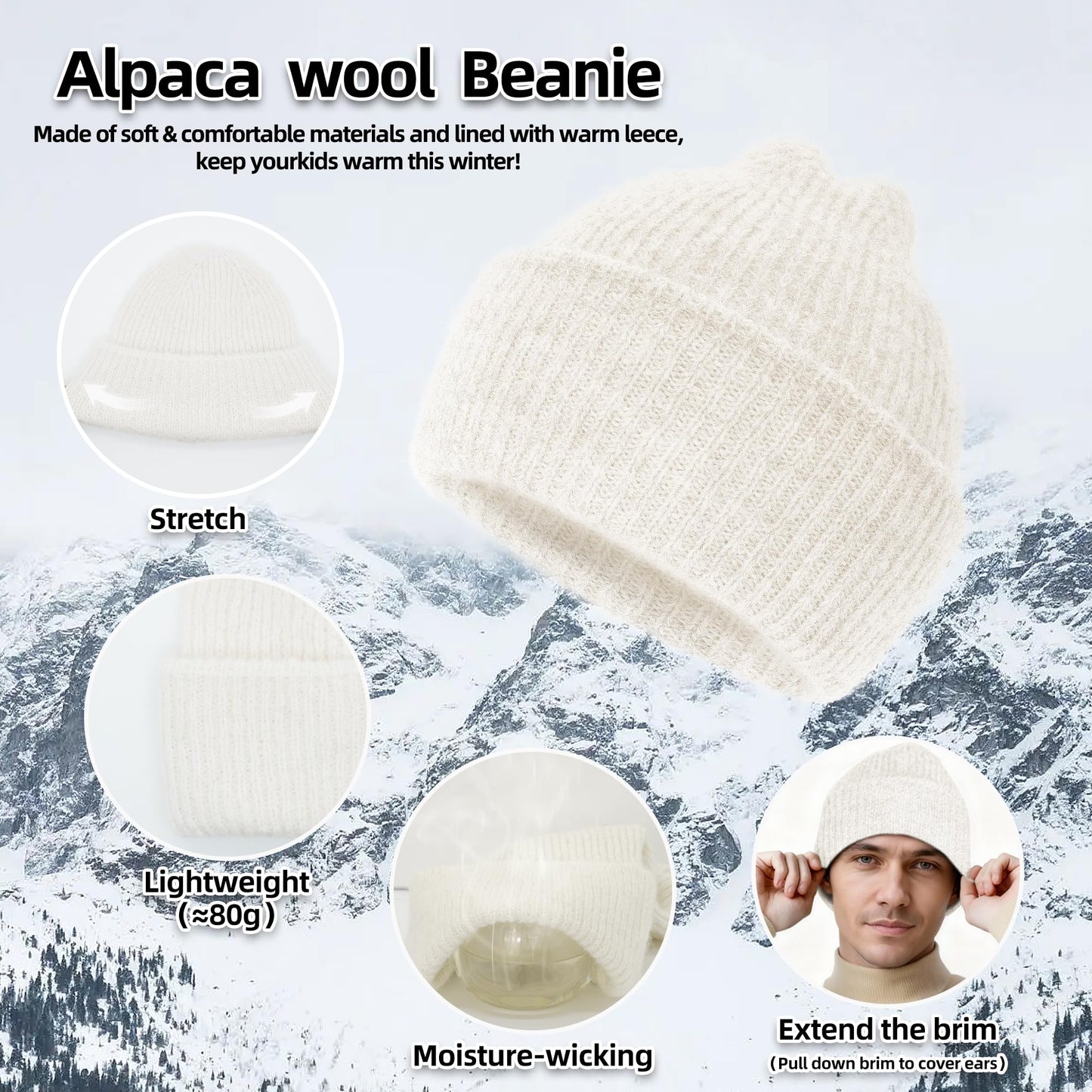 Silk Dream Alpaca Wool Beanie Hats Men Women Winter Hats Warm Beanie Fuzzy Soft Knit Lightweight Gift for Her&Him White
