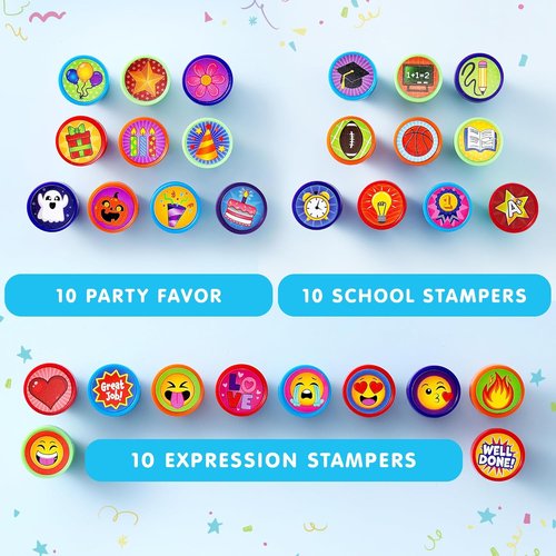 JOYIN 50 Pcs Self-Ink Stamps for Kids - Assorted Designs for Birthday Parties, School Prizes & Goodie Bags
