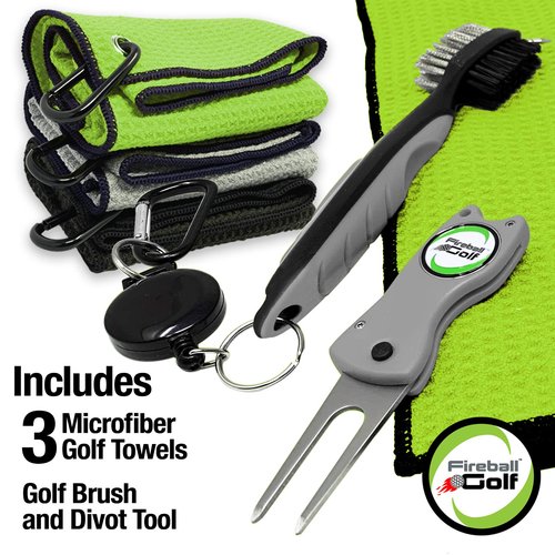 Fireball Golf US Based Towel Gift Set - 3 Golf Towels, Divot Tool, Ball Marker, Cleaning Brush - Many Colors, Gifts for Men, Women, Children