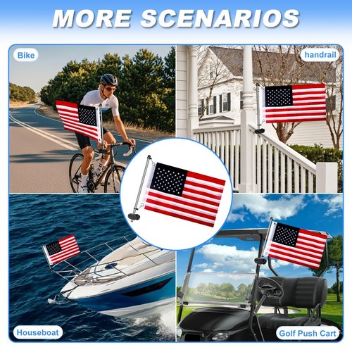 Golf Cart Flag Holder and Flag Pole Kit for Yamaha, EZGO, Club Car, Upgraded Flag Bracket for 0.59-1.18" Round/Oval/Square Rails Golf Carts, Boat, Golf Push Carts, Included USA Flag (22.8×11.4inch)
