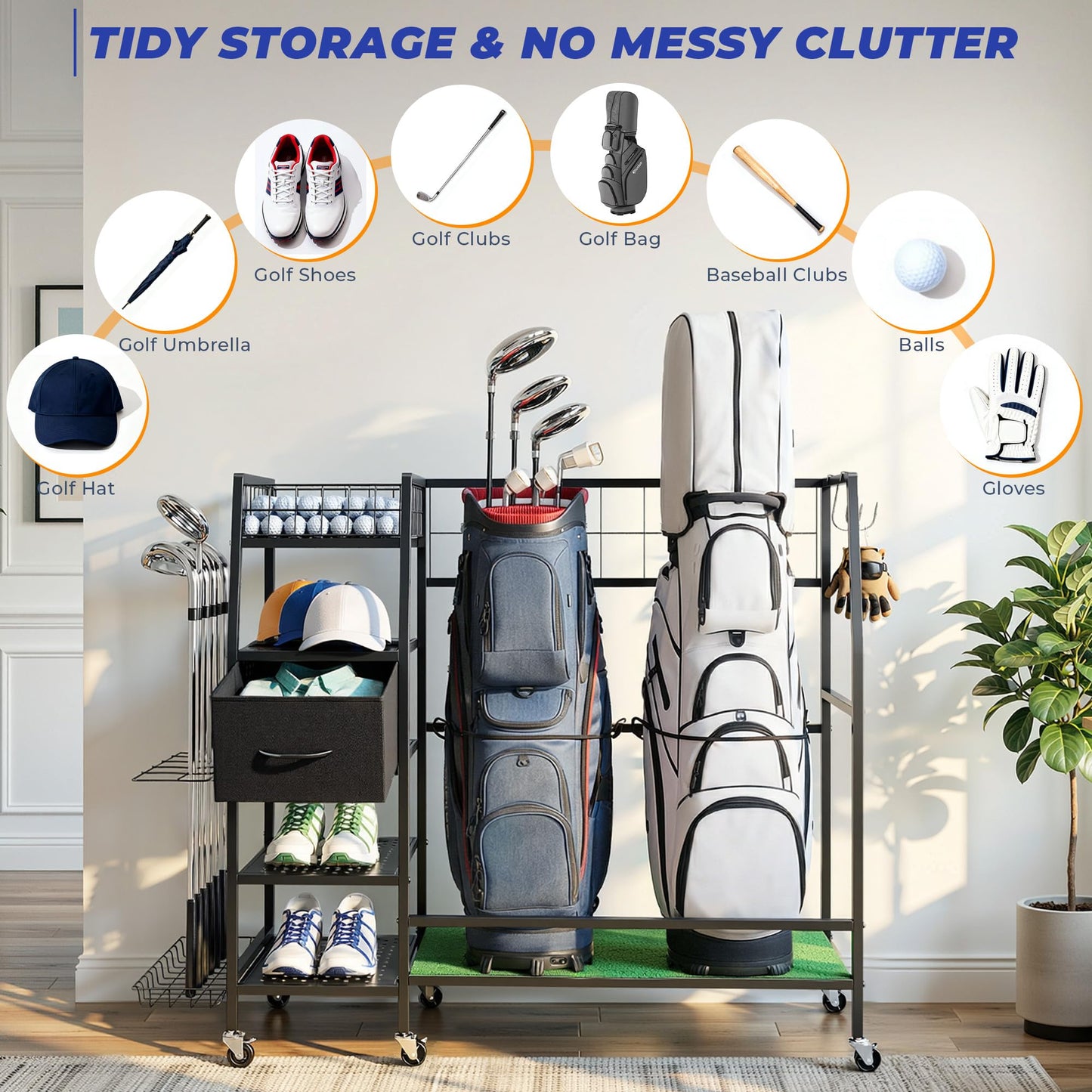 Golf Bag Organizer Storage Rack, Rolling Golf Storage Organizer for Garage with Wheels, 4-Tier Storage, Turf Mat, Carbon Steel