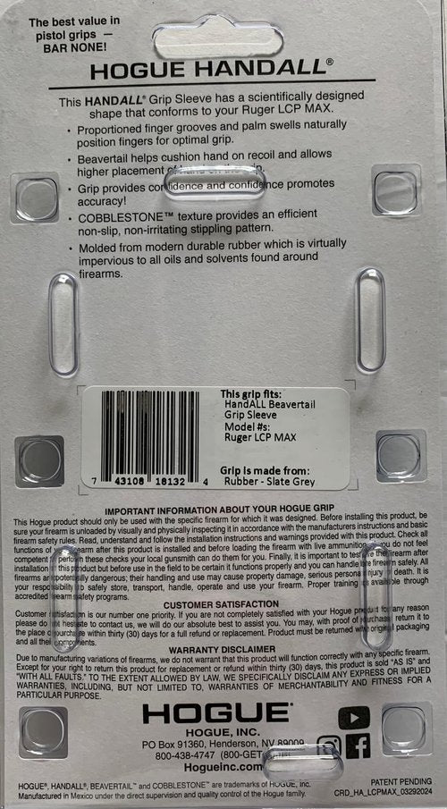Hogue HandAll Beavertail Rubber Grip Sleeve for Ruger LCP Max, Slate Grey - 18132
