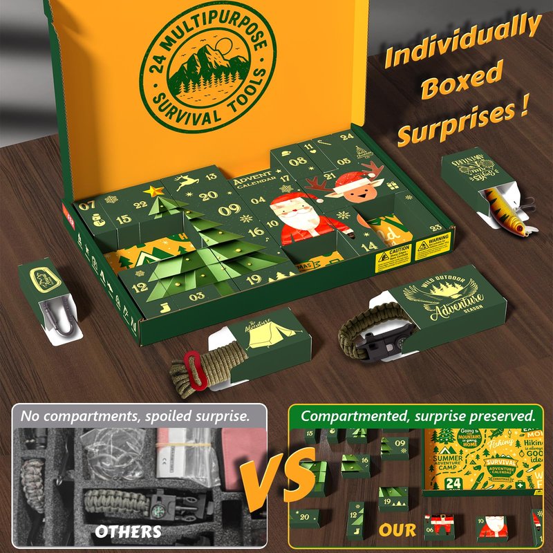 WiFER Survival Kit Advent Calendar 2025 for Men – 24 Days Christmas Countdown Survival Tools for Adult Teen, Xmas Holiday Surprise Gifts for Outdoor Enthusiasts, Camping, Fishing, Hunting, Hiking
