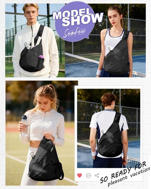 Black Pickleball Crossbody Sling Bag - Men's & Women's Pickleball Sports Backpack with Water Bottle Holder, Adjustable Pickleball