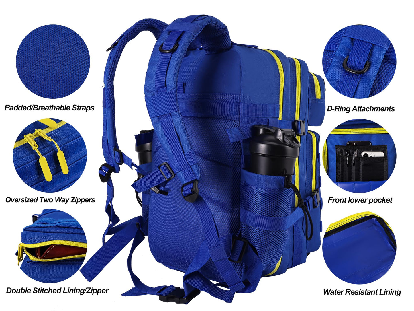 LHI Military Tactical Backpack for Men and Women 45L Army 3 Days Assault Pack Bag Large Rucksack with Molle System - Blue with yellow zipper