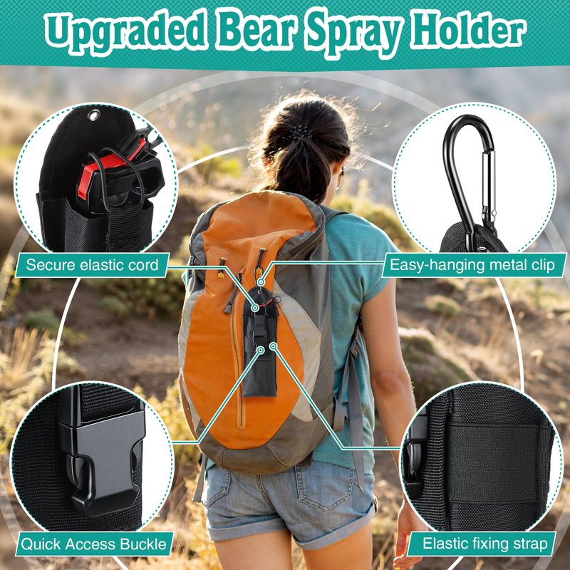 2 Pack Bear Spray Holster with Quick Release Buckle (Spray Not Included), Nylon Holster with Hook & Loop for 7.9 & 9.2fl Oz Canister, Portable Pouch & Elastic Cord Design for Hiking, Camping (Black)