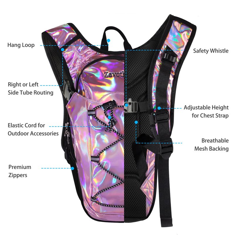 Zavothy Rave Hydration Backpack with 2L Bladder, Lightweight Festival Hydration Pack for EDM, Concerts & Music Festivals, Adjustable Hydration Backpack for Men & Women Pink