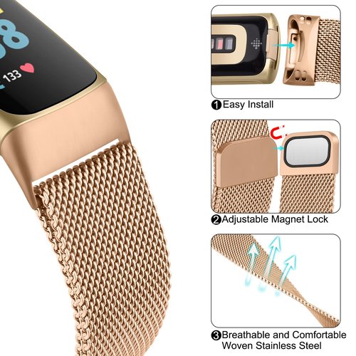 Vanjua for Fitbit Charge 6 Bands Women Men, Stainless Steel Metal Mesh Loop Adjustable Wristband Replacement Strap Compatible with Fitbit Charge 6 Fitness Tracker (Rose Gold)