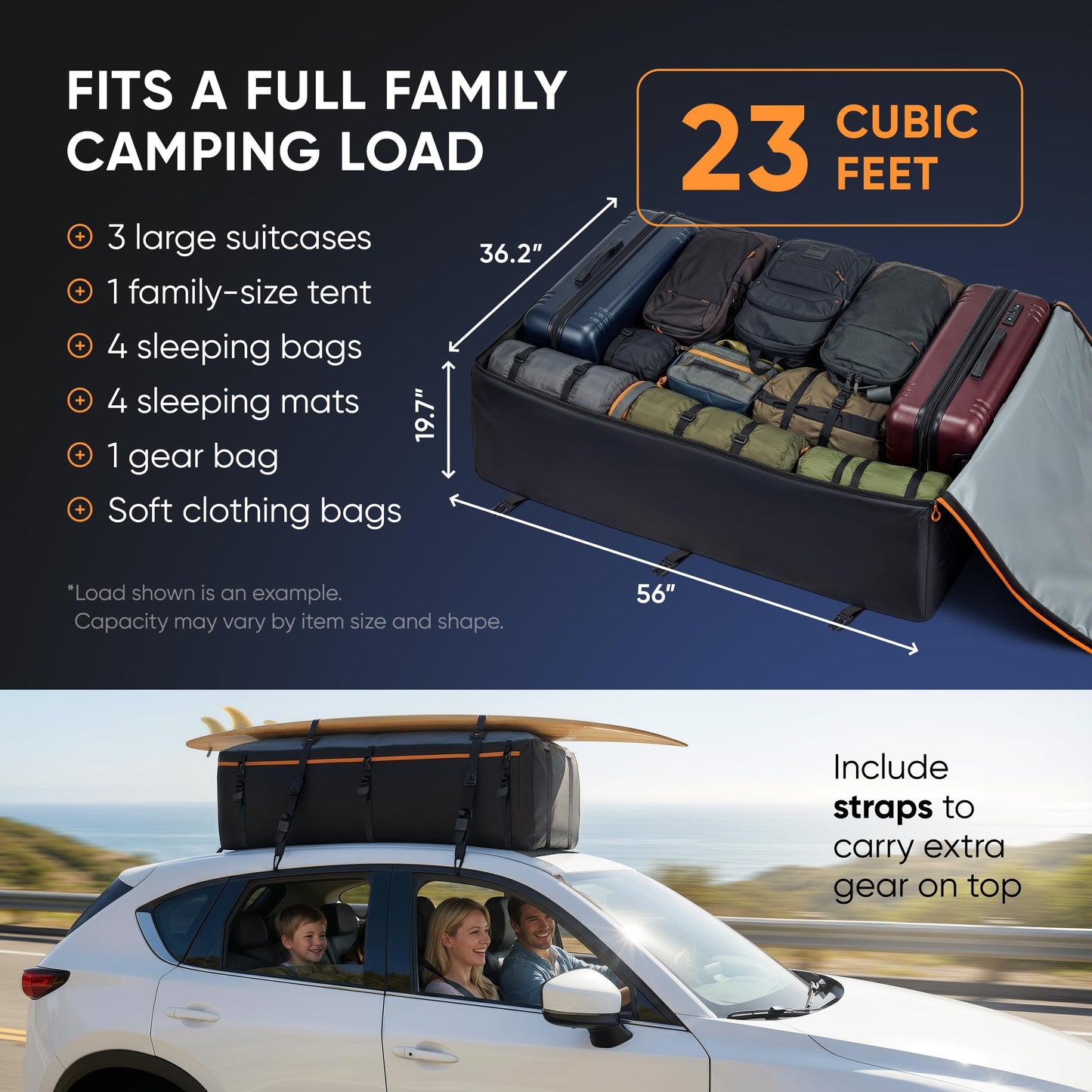 BagMate 23 Cubic Feet Roof Bag – Safety Tested Heavy-Duty Waterproof Rooftop Cargo Carrier for All Cars & SUVs (with or Without Rack) – Includes Protective Mat & Storage Bag – Military-Grade 840D PVC