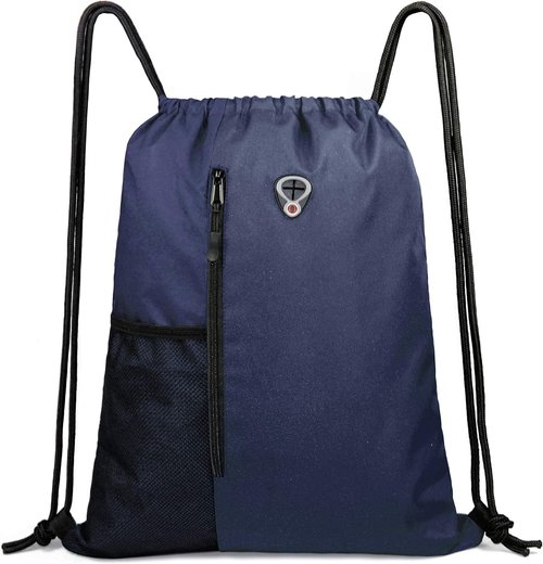BeeGreen Navy Sports Gym Bag - Large Drawstring Backpack with Zippered Pocket & Mesh Water Bottle Pockets