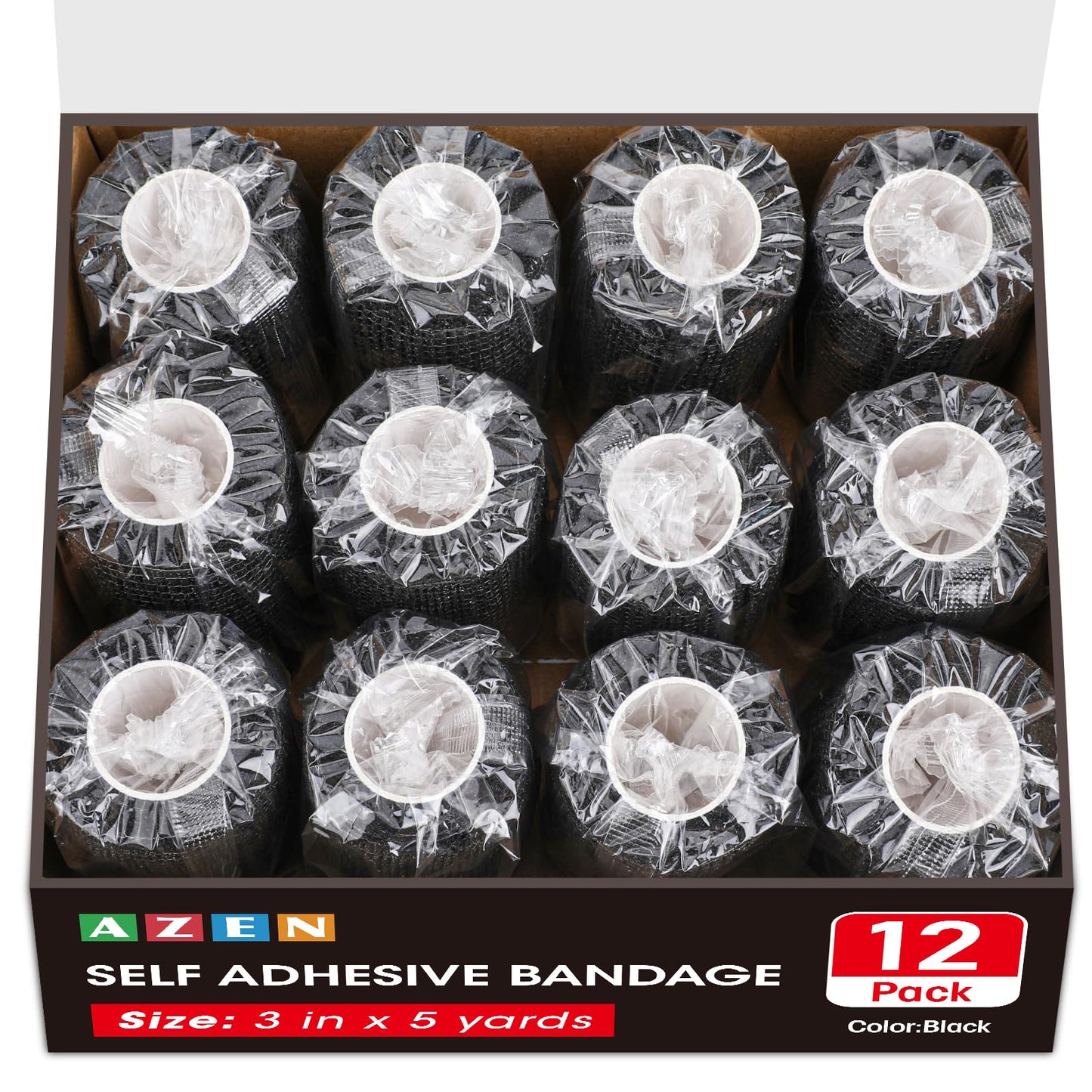AZEN 12 Pack Black Self Adhesive Bandage Wrap, 3" X 5 Yards Elastic Cohesive Bandage Wrap, Vet Wrap, Ankle Tape, Tattoo Grip Tape Wrap