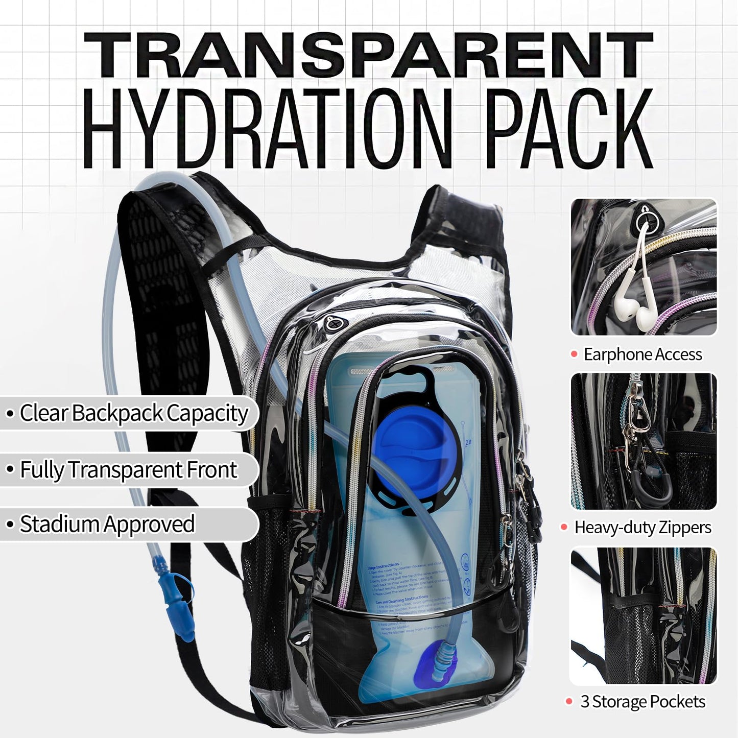 Niggeey Hydration Backpack, Festival Rave Hydration Pack, Clear Water Backpack with 2L Hydration Bladder, Rave Backpack Hydration Pack Hydropack Hydro for Hiking, Festivals, Raves