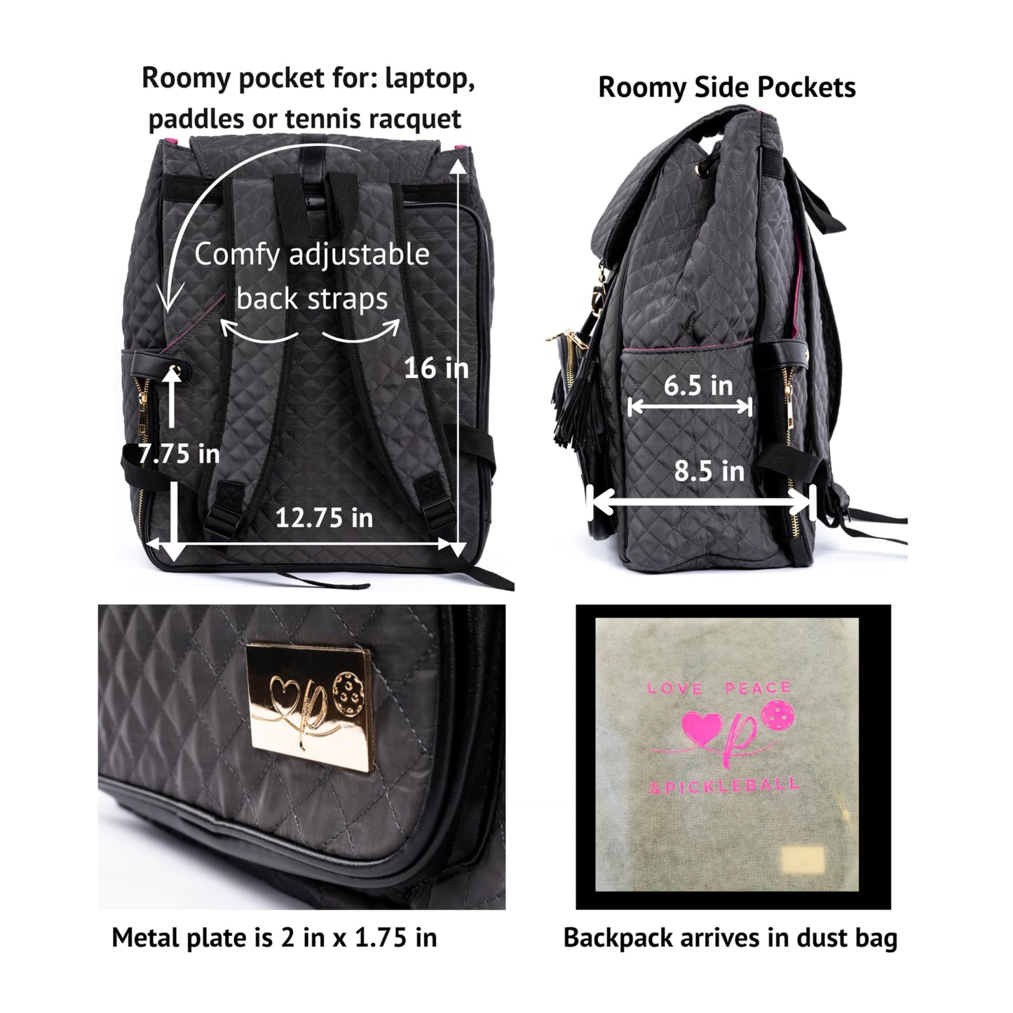 Genie Designer Quilted Pickleball Bag for Women - Luxury Court to Office Backpack - Fits 2 Paddles & 15.8” Laptop - Padded Professional Travel Backpack with Shoe Compartment - Grey Black