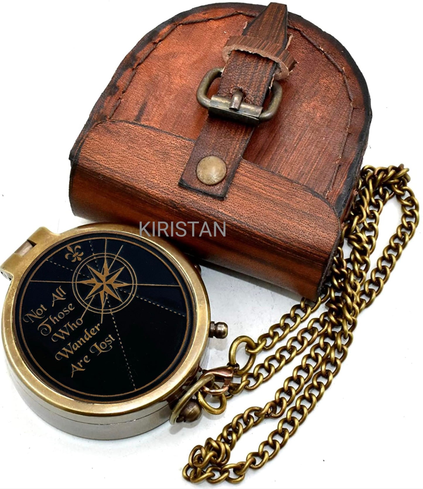 Vintage Brass Compass Not All Those Who Wander are Lost, Engraved Antique Pocket Compass with Leather Case, Inspirational Graduation Gift for Men, Hiking Camping Navigation Nautical Compass