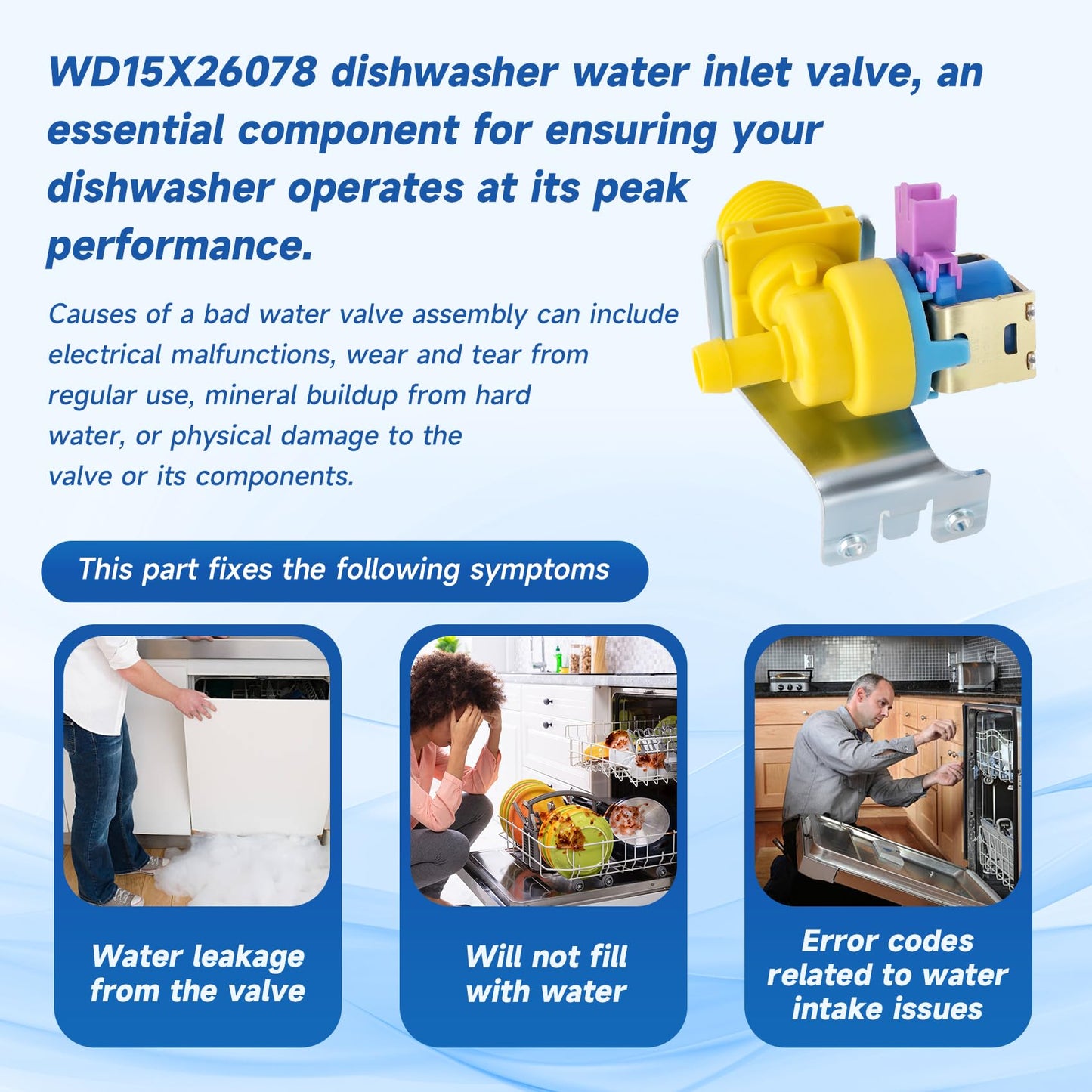 WD15X26078 Dishwasher Water Inlet Valve Compatible with GE Water Valve GDF510PGM4BB GDP665SYN2FS GDT635HSM4SS, Dishwasher Replacement Parts 4959029 PS16217027 AP6986683 EAP16217027 PD00064270