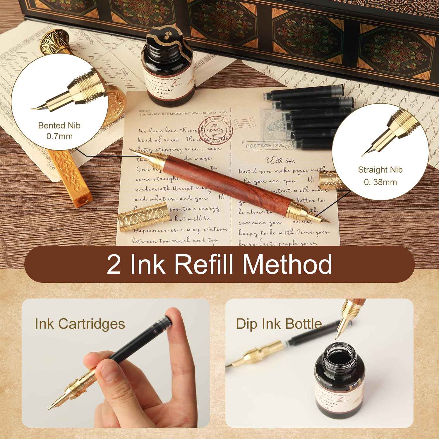 GC QUILL Calligraphy Pen Set - Feather Dip Pen,Dual Tip Calligraphy Fountain Pen, Stamp, Wax Candle, Pen Base, Ink Bottle, Ink Cartridges L1492