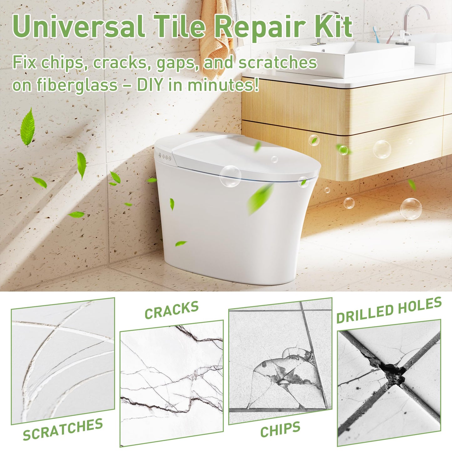 PIBEIBUK Surface Repair Kit for Tubs, Tiles, Countertops - Fixes Chips, Cracks, Scratches, Holes (Fiberglass, Porcelain, Stone, Acrylic)