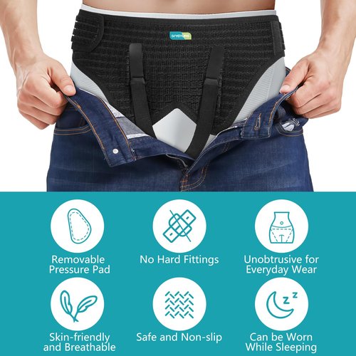 Lvyeyung Hernia Belt for Men Inguinal, Hernia Support Truss for Groin Pain Relief, Adjustable Inguinal Support Belt for Single or Double Hernia with 4 Compression Pads(M)