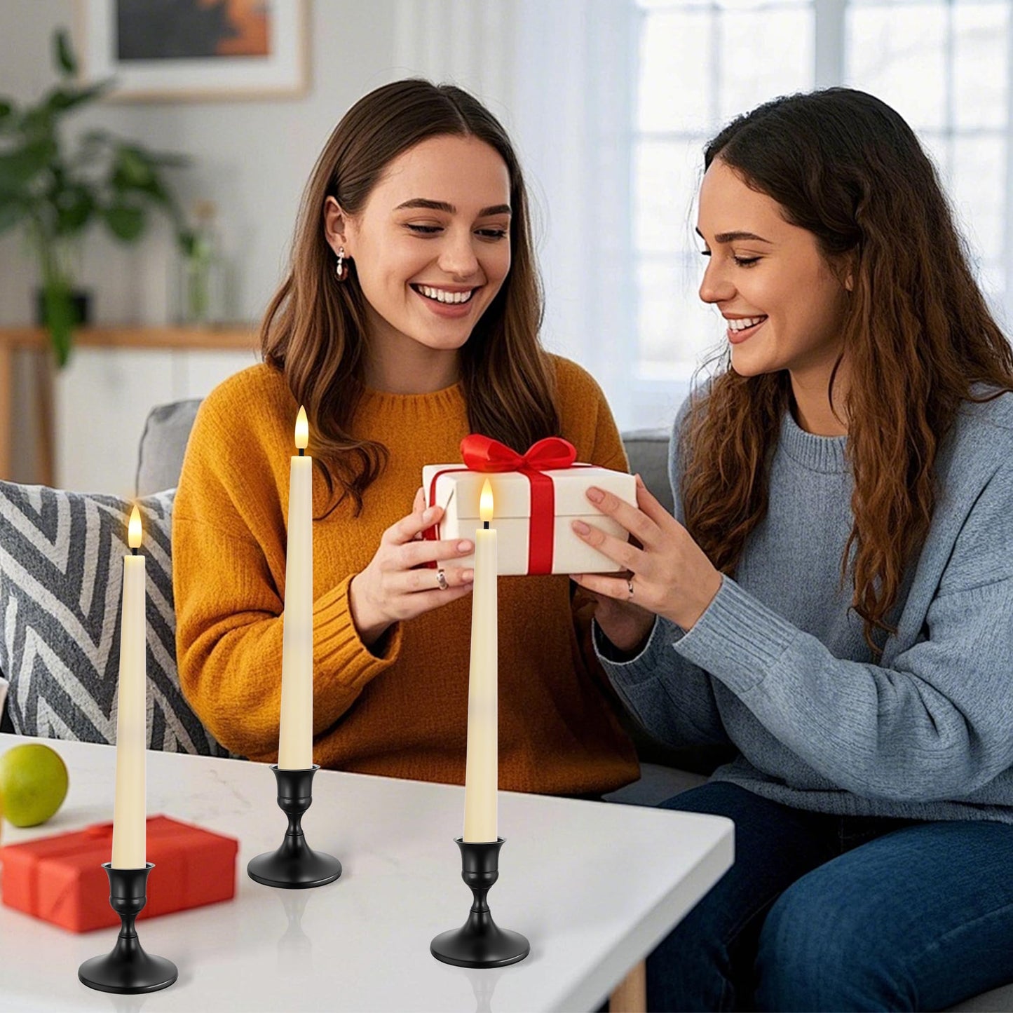 AFINETH Flameless Taper Candles with Remote, Flickering Battery Operated Candles, Ivory 9.6" Led Flameless Candlesticks for Home Party Weeding Festival Decor, 2 Pack