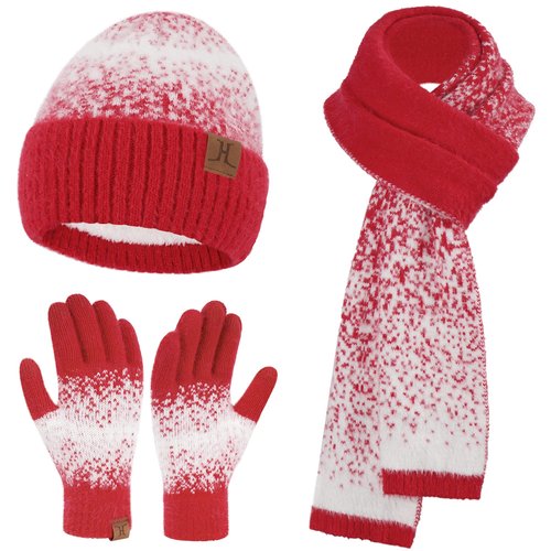 Womens Winter Knit Beanie Hats and Touchscreen Gloves Long Scarf Set with Warm Fleece Lined Skull Caps Scarves for Women Red White
