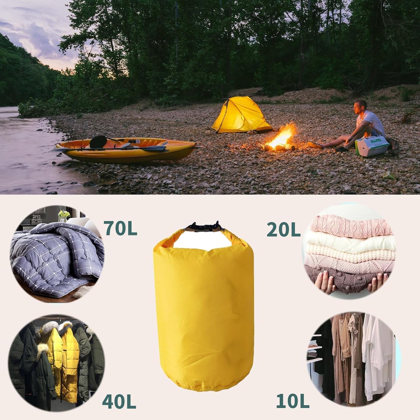 Skiennix Waterproof Dry Bags - Ultralight Roll Top Sacks for Kayaking, Hiking & Camping | 70L Black