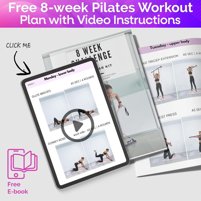 Portable Pilates Bar Kit with Resistance Bands (20, 30, 40, 50 LB) - Guided 8-Week Pilates Bar Kit Plan - Premium Quality Home Equipment 3-Section Pilates Bar with Resistance Bands Full-Body Toning