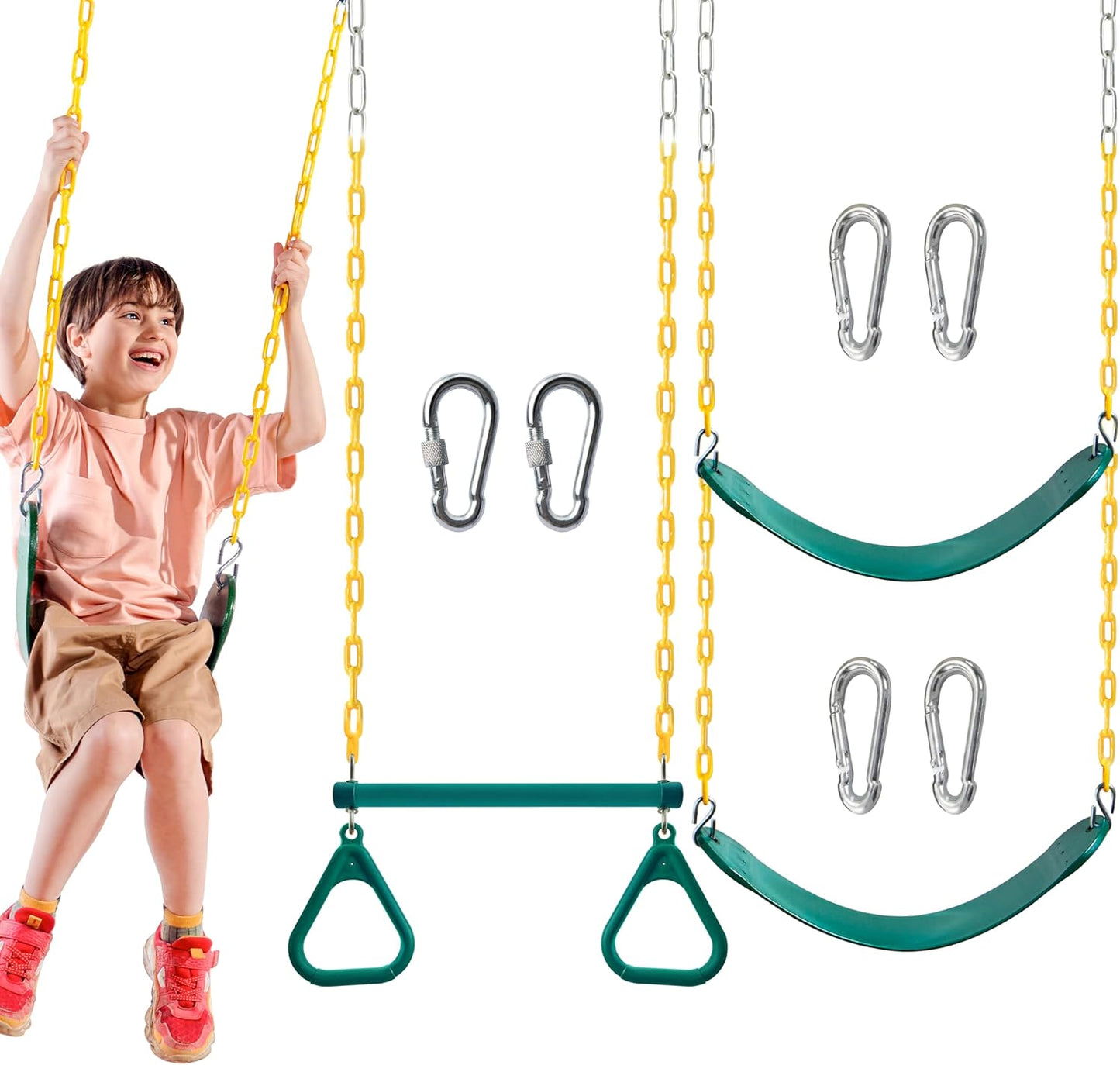 TURFEE Swing Set Accessories - 3 Pack with Gym Rings, Trapeze Bar & 2 Swings - Green Outdoor Play