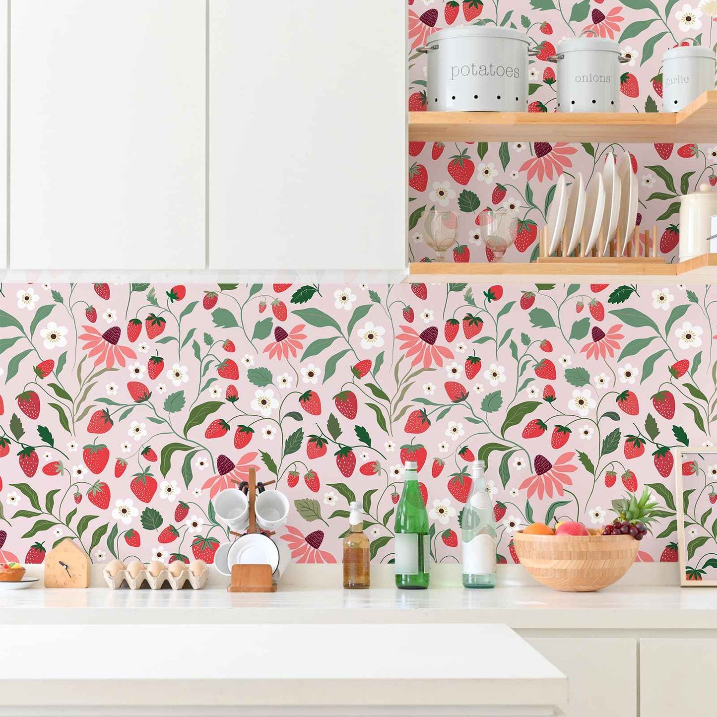VEELIKE Strawberry Wallpaper Peel and Stick Pink Fruit Floral Wallpaper for Girls Bedroom Nursery Kitchen 17.7''x118'' Removable Prepasted Botanical Wallpaper Pink Contact Paper for Cabinets Drawers