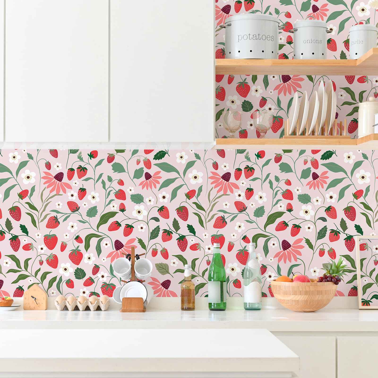 VEELIKE Strawberry Wallpaper Peel and Stick Pink Fruit Floral Wallpaper for Girls Bedroom Nursery Kitchen 17.7''x118'' Removable Prepasted Botanical Wallpaper Pink Contact Paper for Cabinets Drawers