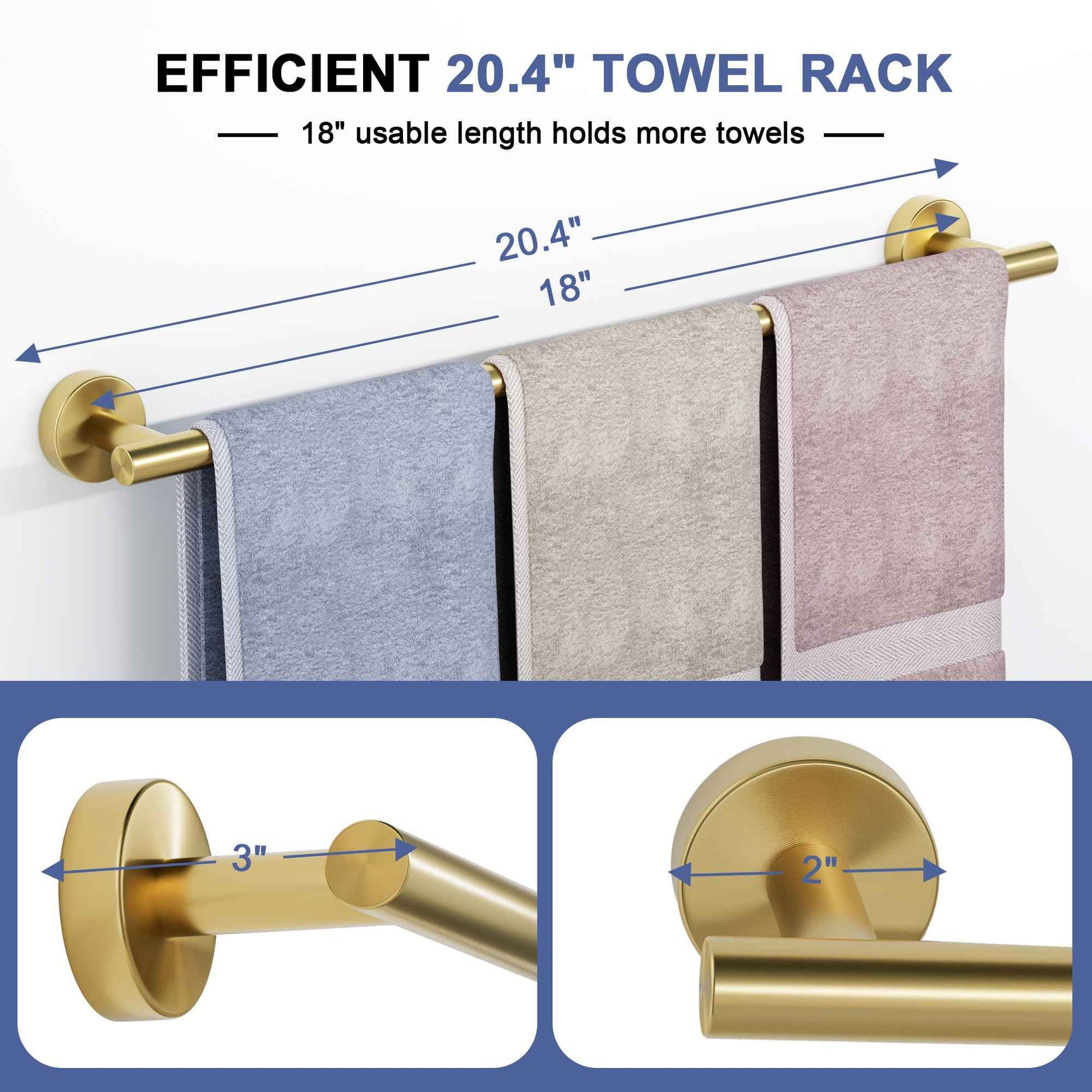 Brushed Gold Towel Bar, 18 Inch Towel Racks for Bathroom Wall Mounted, SUS304 Stainless Steel Bathroom Towel Holder, Total Length 20.4 Inch Towel Bars