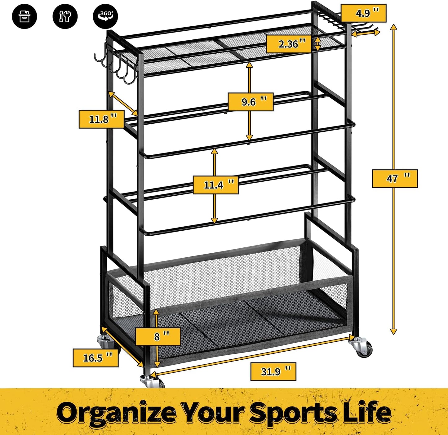 SOYEEZE Sports Equipment Organizer - 4-Tier Ball Storage Rack with Wheels & Hooks for Garage or Gym Use