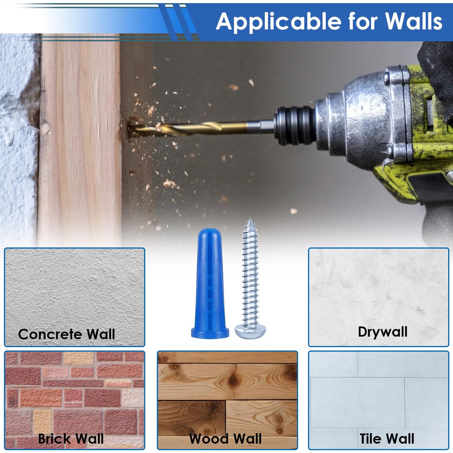 smseace Concrete Anchors and Screws Kit, 182PCS, Blue, Zinc-Plated Carbon Steel, PE Material, Screw Fasteners, Ideal for Securing Items to Walls (Brick, Concrete, Drywall, Wood), DIY Projects