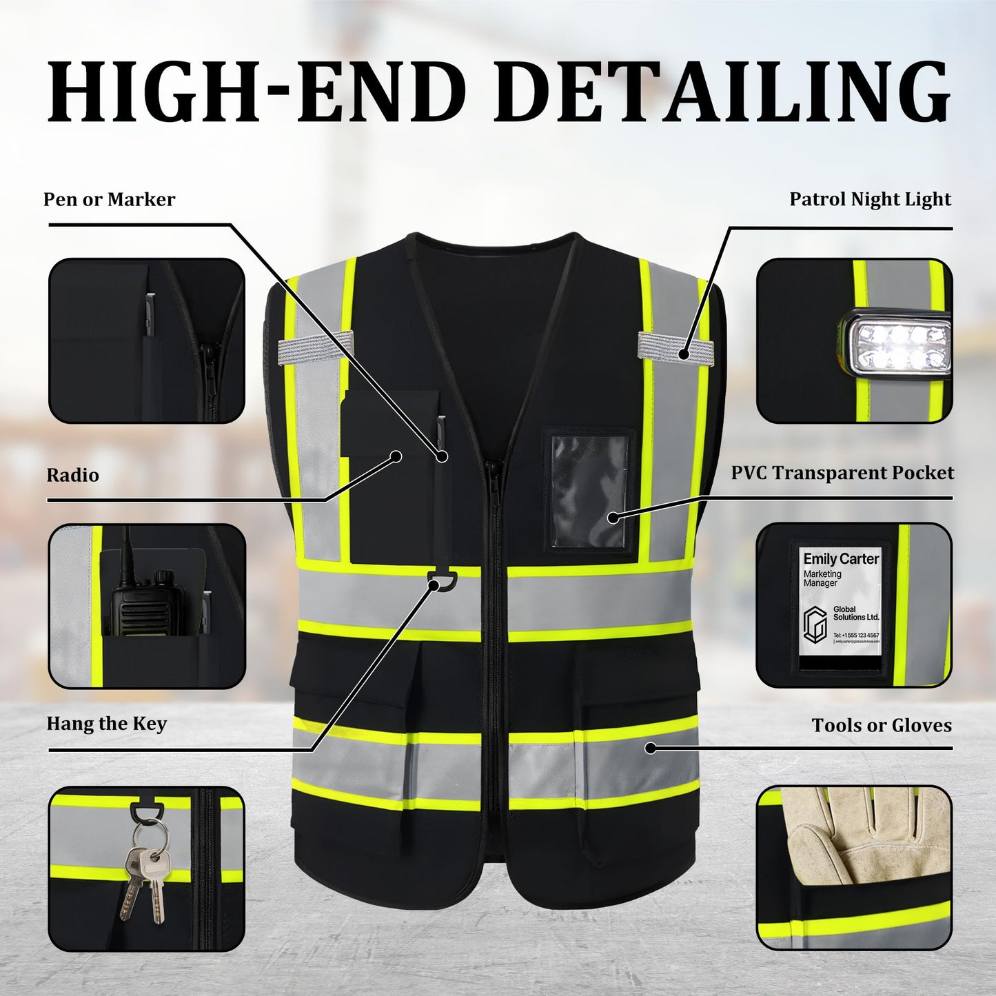 Safekim Custom Safety Vest with Logo, High Visibility Reflective Black Personalized Safety Vest for Men Women, Customized Construction Work Vest with Pockets and Zipper