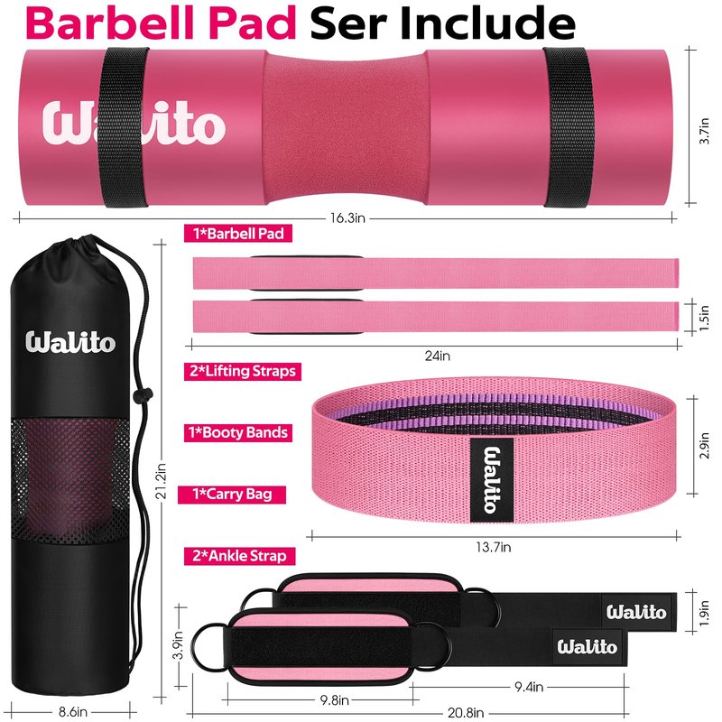 WALITO 8Pcs Barbell Pad Set for Hip Thrust - Squat Pad,Gym Accessories for Women with Bar Bad,Bench Press, with Gym Ankle Straps,Resistance Bands for Working Out,Lifting Strap,Carry Bag