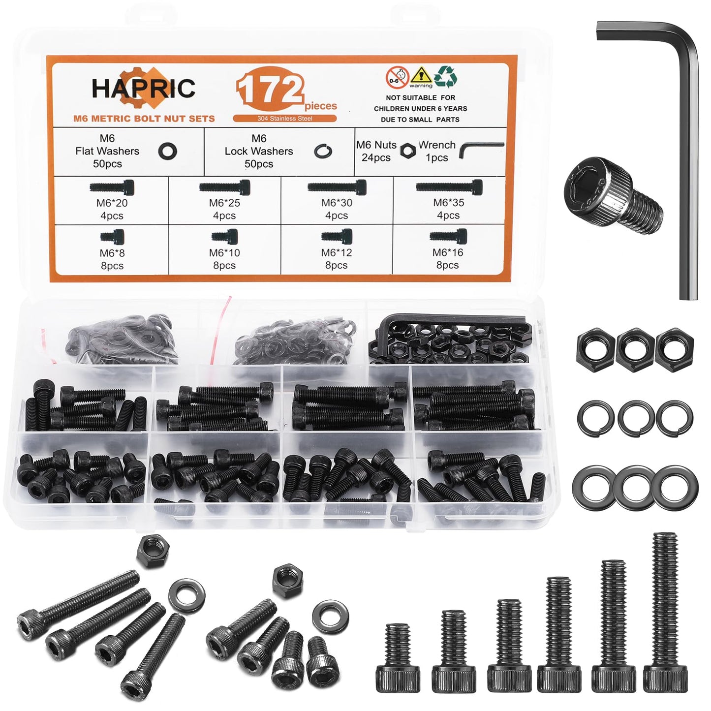 172 Pcs M6 Screws Assortment Kit, M6x 8/10/12/16/20/25/30/35mm M6 Bolts Kit 12.9 Alloy Steel Nuts and Bolts Assortment Kit Black Zinc Plated Hex Socket Head Screws Nuts Bolts and Washers Set