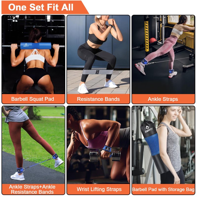 SERTT 12Pcs Foam Barbell Pad Set for Squats, Hip Thrust Pad Gym Essentials Set for Workout, 1 Gym Pad, 1 Carry Bag, 2 Lifting Strap, 2 Ankle Cuffs, 3 Ankle Risistance Band, 3 Hip Resistance Bands