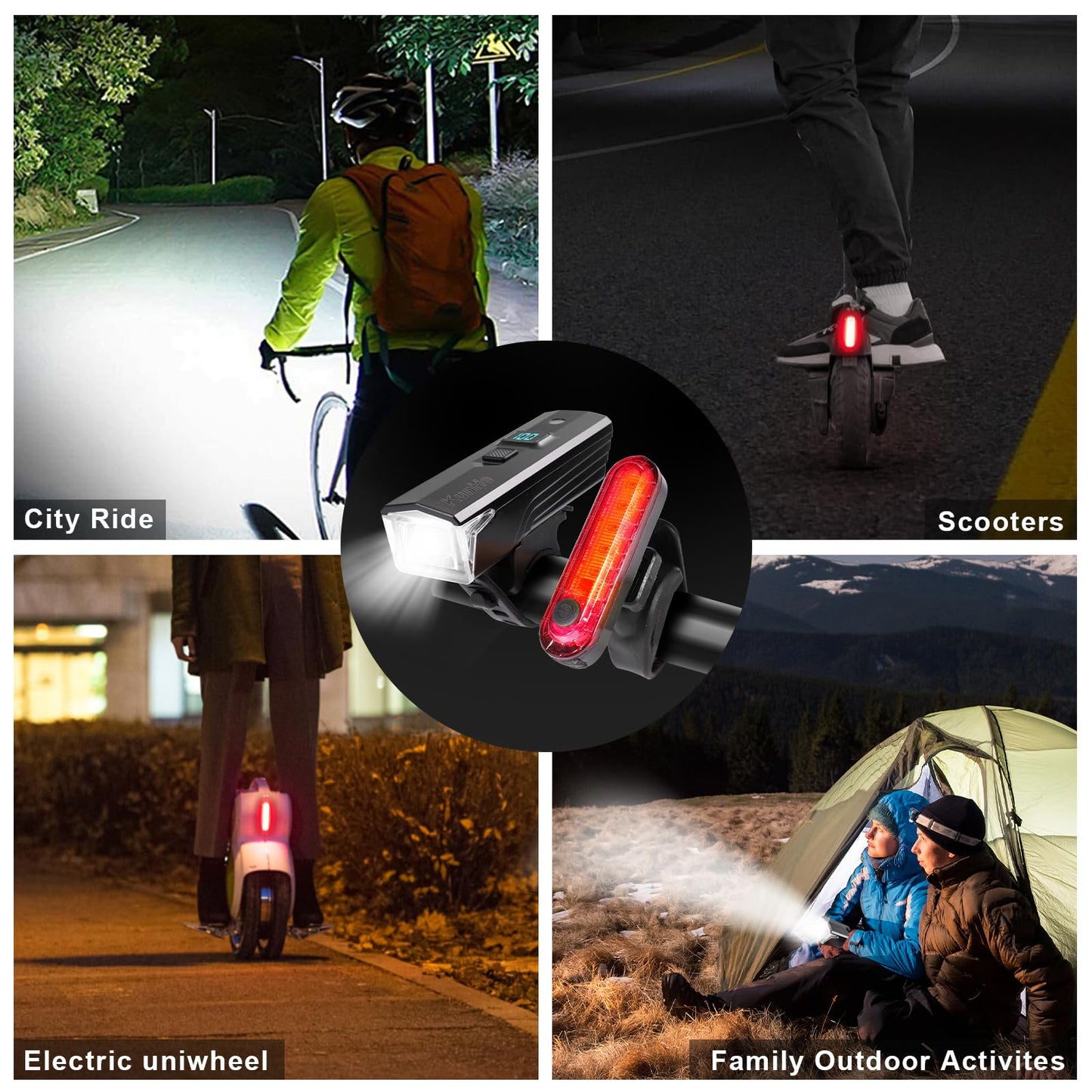 KunHe 2 Pack 300 Lumens 1600 Amh Bike Light Set Rechargeable Front & Rear Bicycle Lights with Auto Dimming IPX4 Waterproof 5 Modes for Cycling