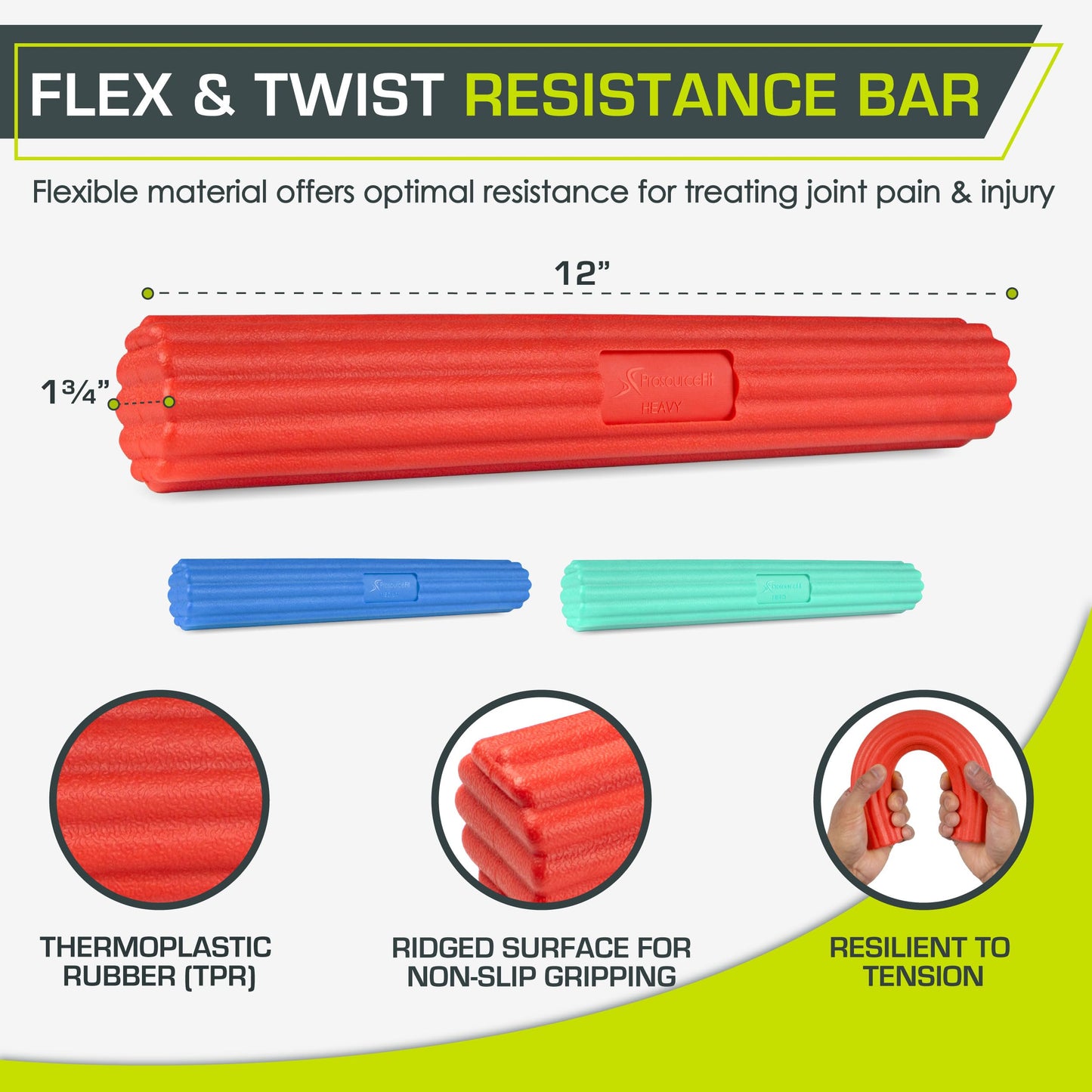 ProsourceFit Flex and Twist Bars Sets and Singles, Resistance Bars for Occupational Therapy, Tennis Elbow Treatment and Wrist Strengthening, 10-20lb, Set of 3