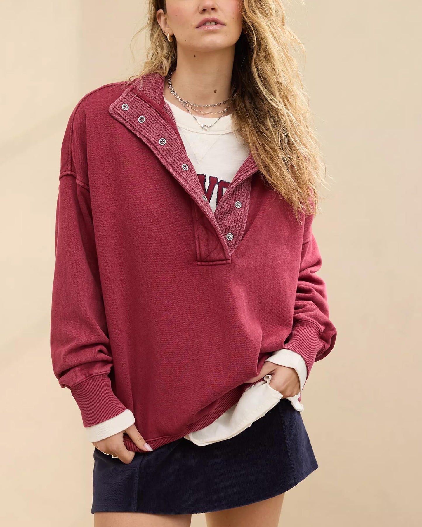 Gacaky Sweatshirt for Women Oversized Casual Long Sleeve Button Henley Neck Pullover Tops Fashion Outfits Clothes Burgundy XS