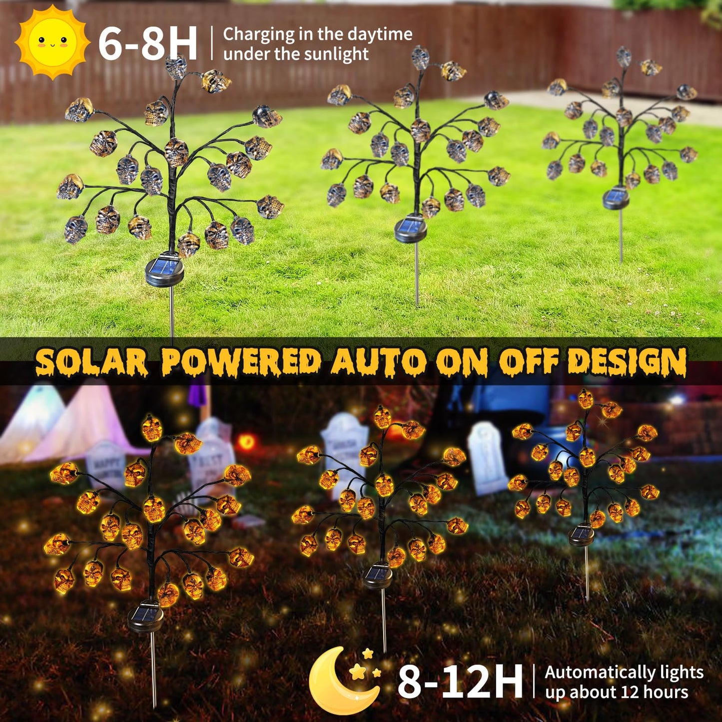 Evoio Halloween Outdoor Decorations Solar Lights - 8 Modes | 20 LED Skull Lights for Outside Halloween Decor, Skeleton Skull Lighting Stake for Garden, Patio, Yard, Lawn, Proch, Pathway Decorations