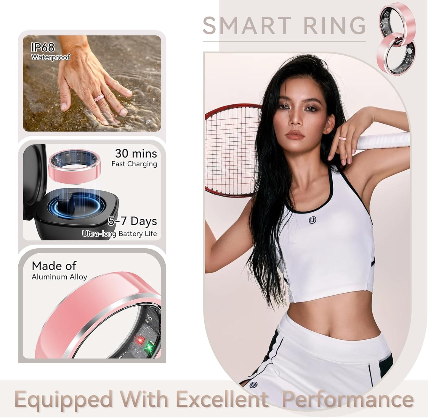 Skiennix Smart Ring - Fitness & Activity Tracker with Heart Rate Monitor | IP68 Waterproof, Pink, Size 8