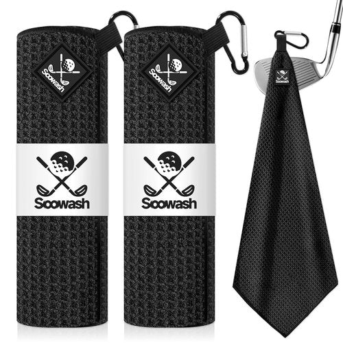 SOOWASH Magnetic Golf Towel 2-Pack, 18x18 Inch Microfiber Waffle Design with Strong Magnet - Golf Towels for Golf Bags/Carts, Quick-Dry & Ultra Absorbent(Black)