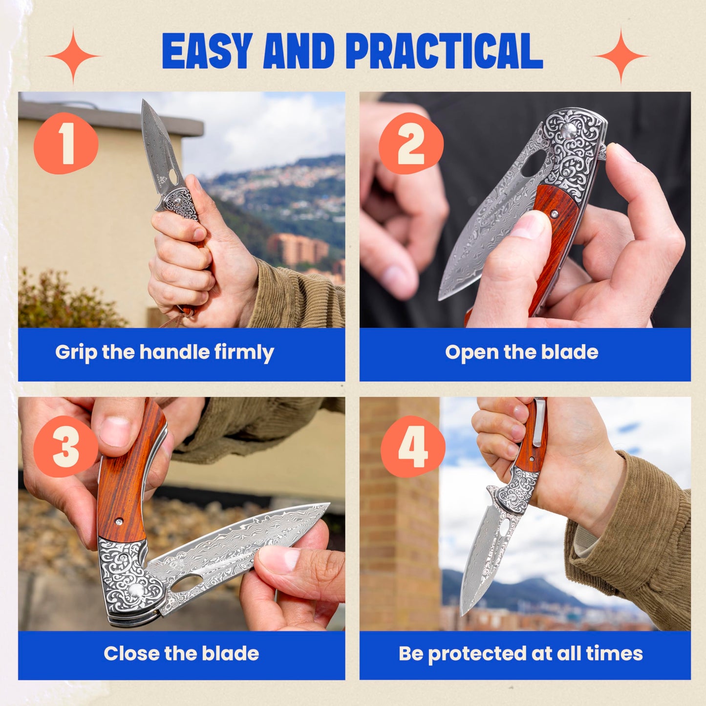 Damascuse Steel Pocket Knife with Leather Sheath - Fashionable Design Sandal Wood Handle 76 Layers VG10 Manual Damascus Folding Knife Sandel Wood Handle Collect Strong and Elegant Outdoor Pocket Knife