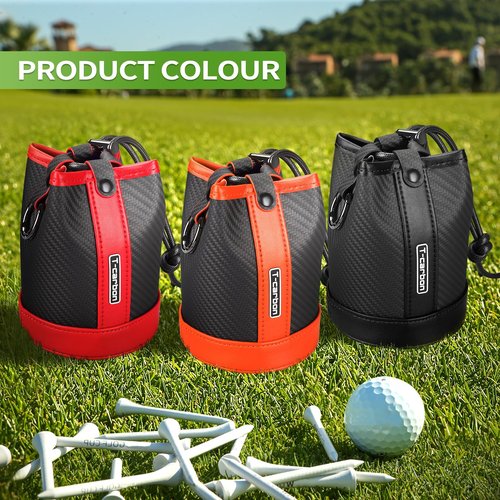 T-carbon Travel Gear Professional Valuables Golf Pouch;Bucket Waist Design Bag with Drawstrings;Carbon Fiber and Leather Golf Tee Bag for Glofers Men Women Very Practical RED