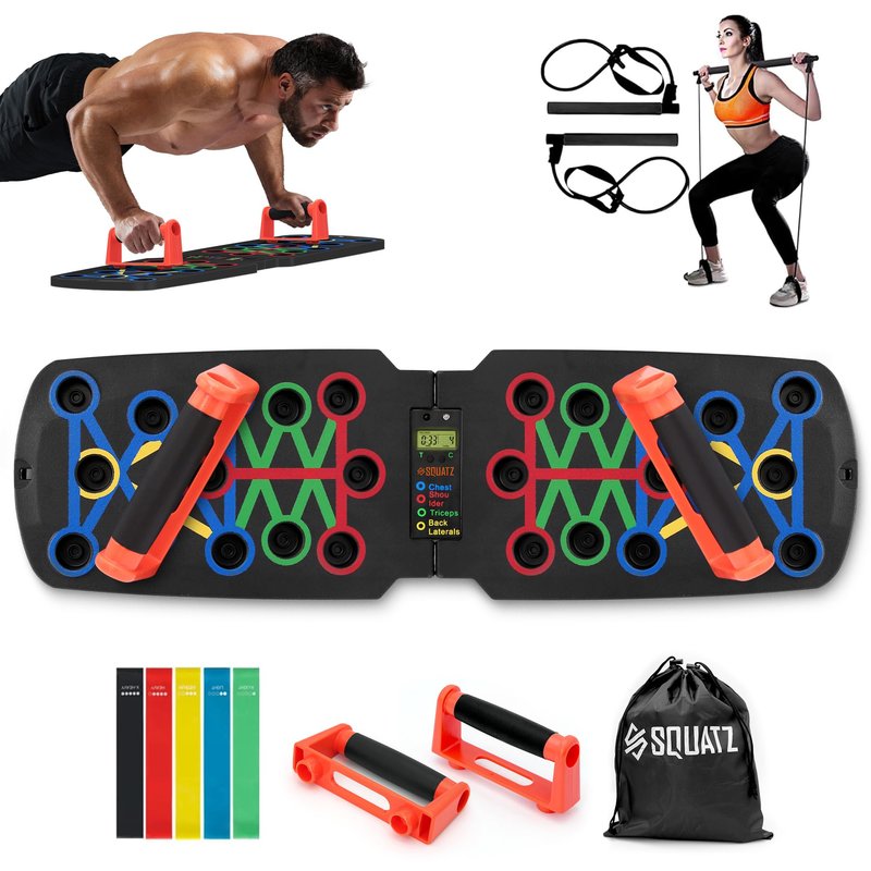 SQUATZ Portable Push Up Board - Bars Includes 5 Resistance Bands, Bag, and Pilates Rod - Work Out Equipment for Home Gym for Full Body - Strength Training Equipment Handles - Capacity 661 LBS