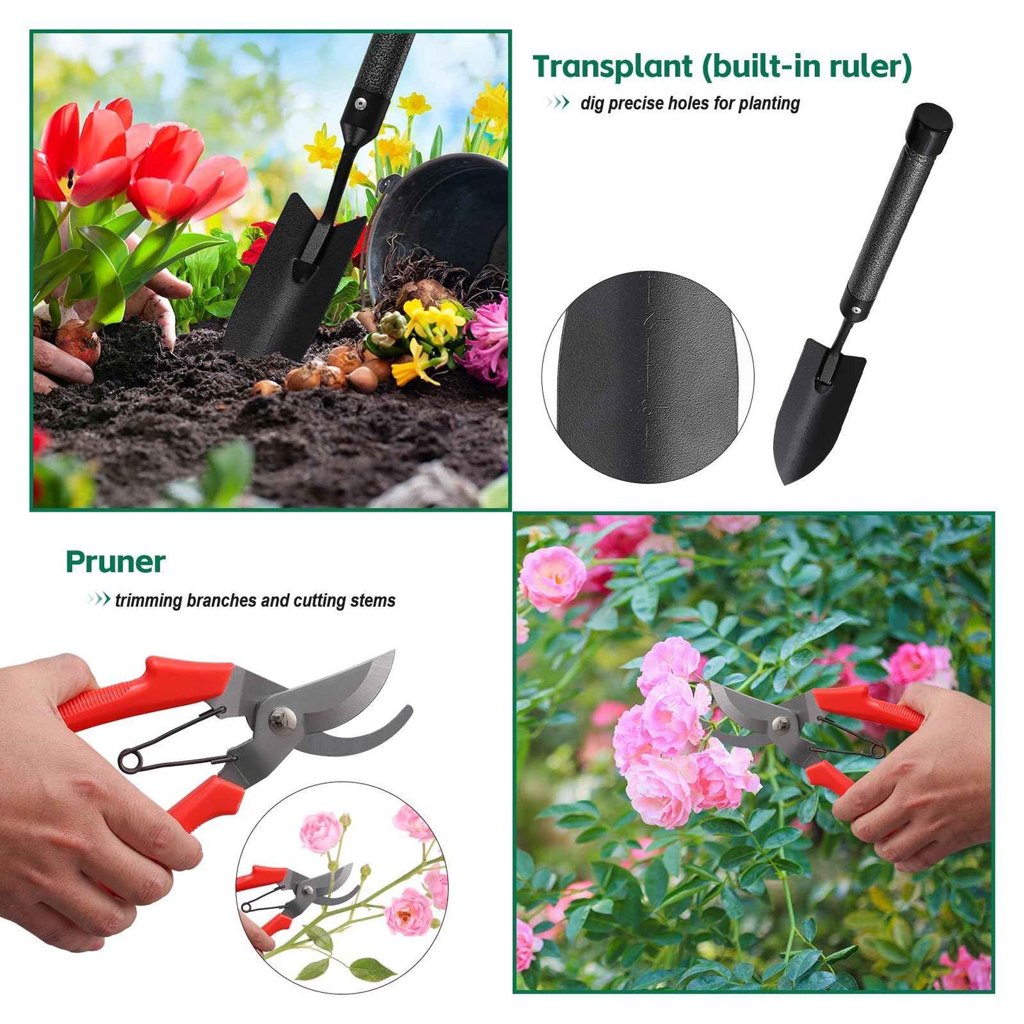 Garden Tools Set with Extension Handles, 5 Piece Thick Gardening Hand Tools, Heavy Duty Steel Rust-Proof Weeding Planting Tool Ideal Gardening Kit Gifts for Women and Men