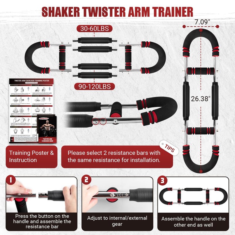 Twister Arm Trainer, 30-120 lbs Adjustable Twister Arm Chest Exerciser with 4 Spring & Poster for Men & Women, Detachable Power Twister Home Fitness Equipment for Enhancing Upper Body Muscle -Red